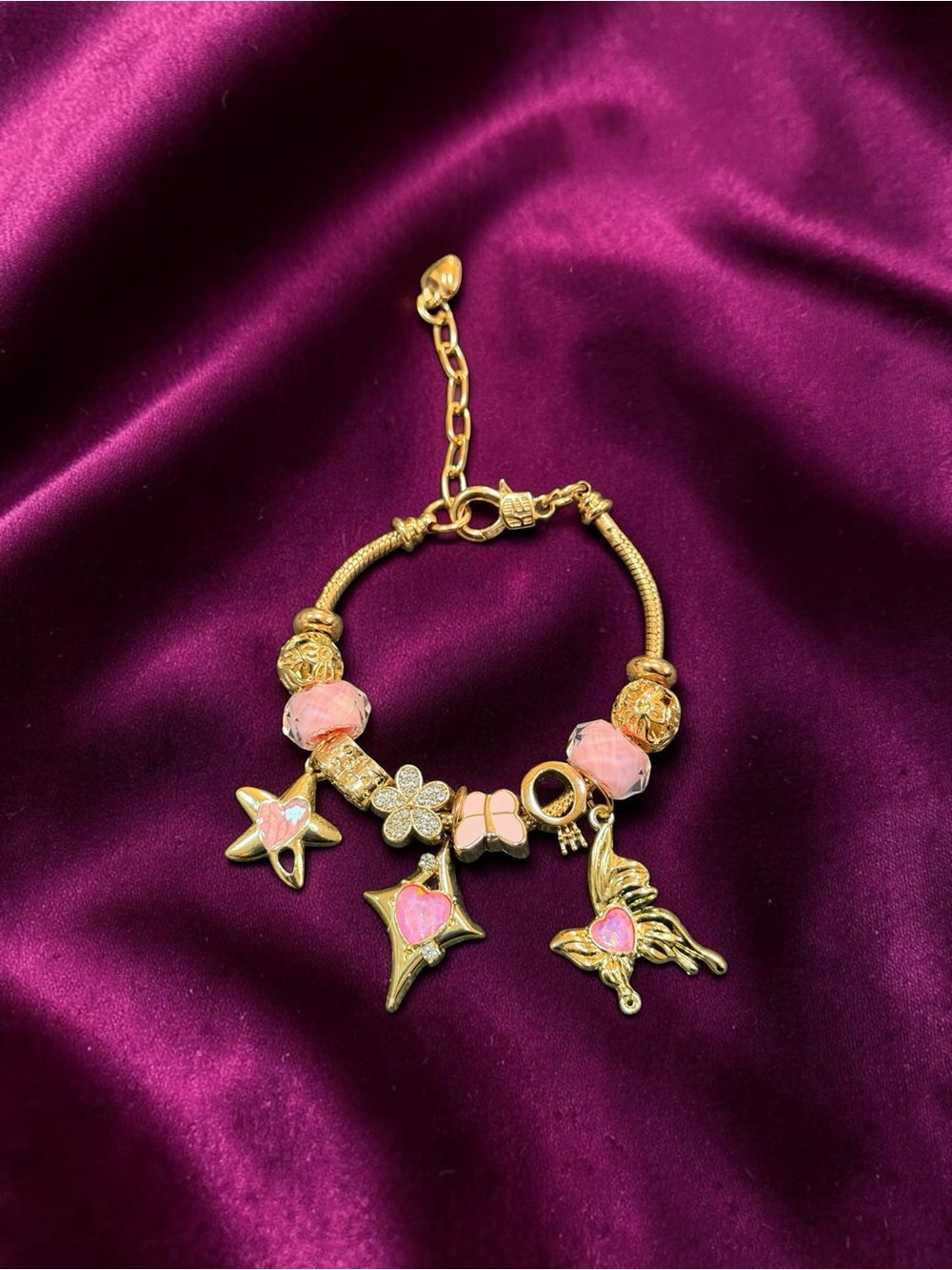 Gold-Tone Pink Charm Bracelet - Women Jewelry